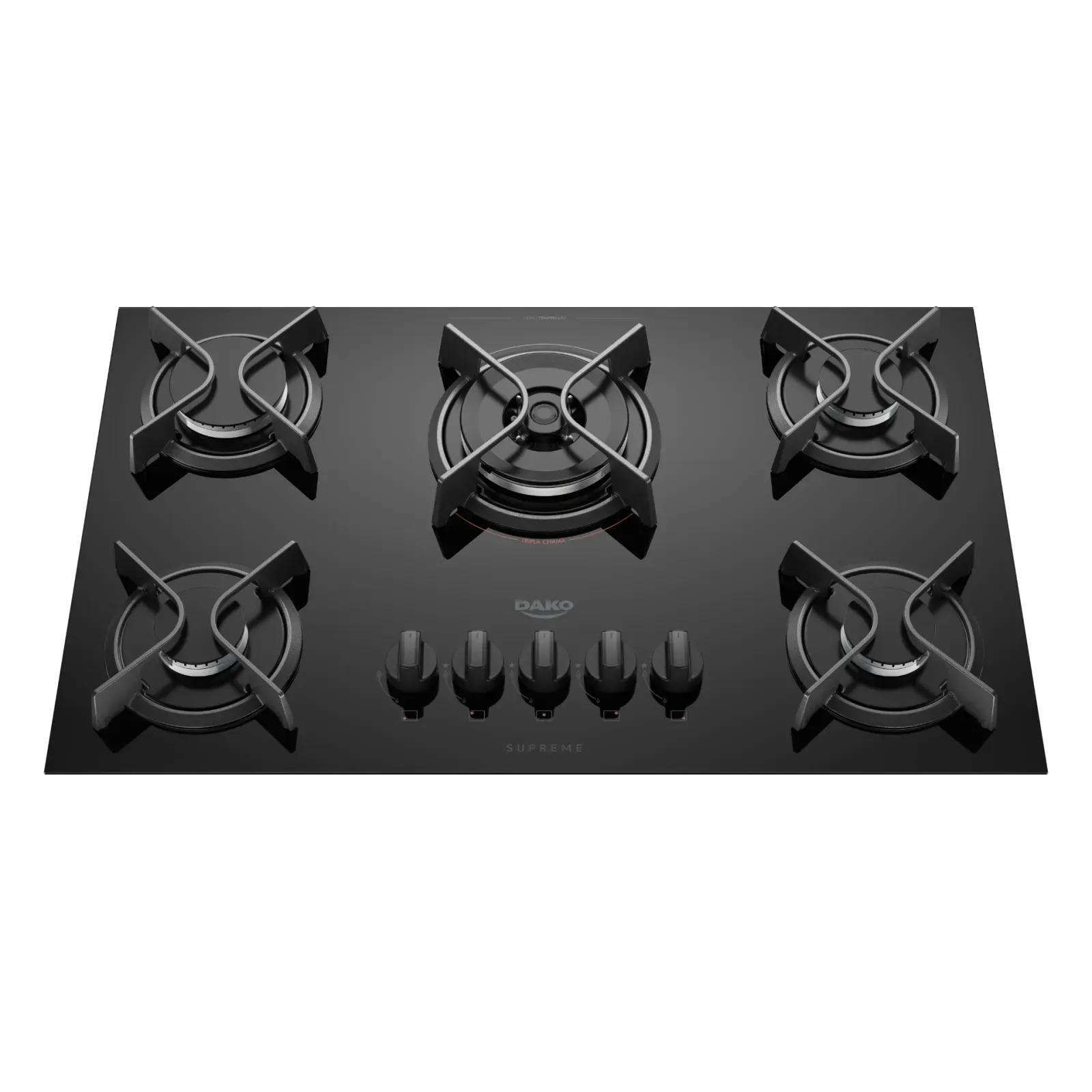 COOKTOP DAKO 5 BOCAS PRETO COM MESA DE VIDRO E TRIPLA CHAMA SUPREME BIVOLT